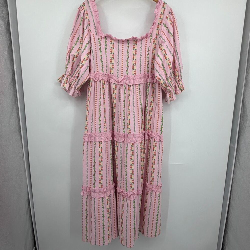 Neon Rose Pink Citrus Print Tiered Midi Dress NWT Size 18 Cotton Puff Sleeve
